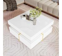 BTM Table Basse Carrée, Table Basse Blanche et Dorée avec 2 Tiroirs, Table d'appoint de Salon avec des Lignes dorées en Bas, Charge de 60kg, 70x70x35.5cm, Blanc