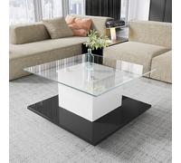 BTM Table Basse en Verre, Table Basse Carrée avec LED Réglable, Table d’appoint Moderne, Charge de 50kg, 80x80x40cm, Noir et Blanc