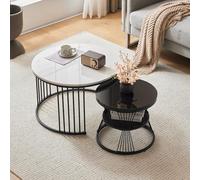 BTM Table Basse Gigogne Moderne, Marbré Plateau Brillant, Ensemble Table d'appoint Coffee Table, Ronde 70 x70x45 & 45x45x40 (H), Noir