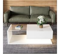 BTM Table Basse LED Moderne, Table Basse Blanche de Salon en Verre, Bois avec Tiroir Grand, Salon, Charge de 30kg, 105x55x32.5cm, Noir