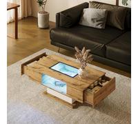 BTM Table Basse LED Réglable, 2 tiroirs, Table de Salon en Verre, Rectangle, 110x60x40 H cm, Bois
