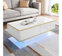 BTM Table Basse LED Salon avec LED Multicolore, Design rectangulaire, Plateau Lisse, rangements Fonctionnels, façades Brillantes, Lignes élégantes, Blanc, 100 × 50 × 40 cm