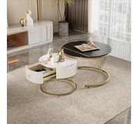 BTM Table Basse modulable élégante : Aspect marbre, décor doré, Table d'appoint avec tiroirs - Lot de 2