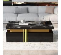 BTM Table Basse Rectangulaire Moderne, Table Basse en Imitation Marbre, Table de Salon avec Deux Tiroirs en Bois, Lignes Dorées, Charge de 30kg, 100x50x40cm, Noir
