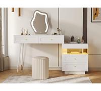BTM Table de Maquillage avec Miroir LED, Set Blanc pour Chambre, 4 Tiroirs spacieux & 1 Compartiment Ouvert, sans Tabouret, Dimensions: B140/T40/H130 cm