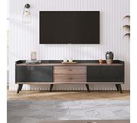 BTM TV-Schrank avec 2 tiroirs, Plateau TV, Meuble Bas à 2 Portes coulissantes, Texture exquise, Noir et Couleur Bois Naturelle. H58/L160/T40 cm