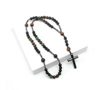 BTMDECOR Collier avec pendentif en forme de croix œil de tigre - Bijoux religieux réglables avec cordon en cuir, emballage cadeau (paon vert)