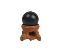 BTMDECOR Sphère de shungite naturelle avec support en bois - Orbe en pierre polie pour la méditation, la décoration de bureau, le style d'étagère et la photographie - Tailles 30/40/50 mm (1,2/1,6/2
