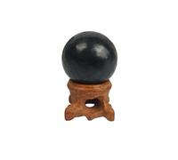 BTMDECOR Sphère de shungite naturelle avec support en bois - Orbe en pierre polie pour la méditation, la décoration de bureau, le style d'étagère et la photographie - Tailles 30/40/50 mm (1,2/1,6/2