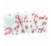 BTMDECOR Tour en cristal de tourmaline naturelle Lépidolite et Rubellite - Polie à la main à quatre côtés générateur d'énergie pour décoration de maison et de bureau (environ 7,9 à 8,9 cm)