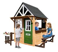 BTMWAY Maison de jeu d'extérieur pour enfants de 3 à 8 ans, comptoir de cuisine avec ustensiles, évier, sonnette interactive, banc de pique-nique, supports de pot de fleurs