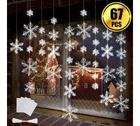 BTNOW Lot de 63 guirlandes de Flocons de Neige Blancs de 4 Tailles - 8 mètres de Ficelle Blanche et 60 Rubans adhésifs Ronds Double Face pour la Maison, Les Vacances, Les fêtes