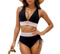 Btofellin Femmes Maillots de Bain Taille Haute Dentelle Dos Beachwear Col en V Halter Réglable Plage Bikini Ensembles Sexy Deux Pièces, Noir , L