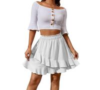 Btofellin Jupe Femme d'Été A-Ligne Volants Décontracté Plissée Taille Haute Courte Mini Plage, Blanc, XL