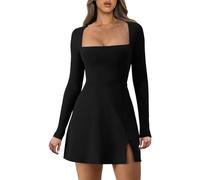 Btofellin Robe pour femme, col carré, corsage à manches longues, taille haute, fendue sur le côté, mini robes évasées, tenues de cocktail, de club, de fête, Noir , S