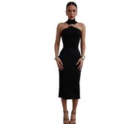 Btofellin Robes pour Femmes Robes d'été Robe sans Manches à Col Dos Nu Couleur Unie Jupes de Travail de Club Uniques Longues et Minces Robe Soirée avec Pendentif en Métal