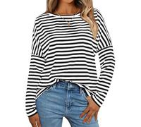 Btofellin Sweat-shirt Femme Col rond Rayé à Manches Longues Sport T-shirt Sans Capuche Décontracté Blocs de Couleur Chemises Confortables Tops Porter Toute L'Année, Noir , Small