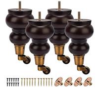 Btowin VCF Lot de 4 pieds de meubles en bois de 17 cm avec roulettes pivotantes - En bois massif - Avec roulettes, boulons M8 pré-percés et plaques de montage - Pour armoire, canapé, ottoman, chaise