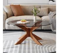 BTSAE Table basse en verre - Ronde - Table basse moderne - Avec verre trempé et base en bois massif - Table d'appoint en bois - Gris - Moyen 70 x 70 x 35 cm