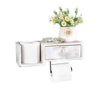 BTSKY Porte-papier toilette mural en bois avec étagère et tiroir - Porte-rouleau de papier toilette de salle de bain avec boîte de rangement, distributeur de lingettes lavable, organisateur, blanc