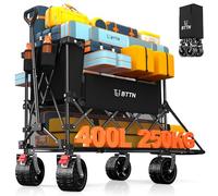 BTTN Chariot à main pliable à deux étages - 400 l - Charge maximale : 250 kg - Extra long - Avec hayon et pneus tout-terrain avec freins - Pour camping, shopping et sport - Noir