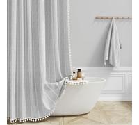 BTTN Rideau de douche Boho Farmhouse, en lin rayé résistant à la moisissure avec franges, durable et lavable, ensemble de rideaux de douche décoratif vintage bohème avec 12 crochets, 182 x 182 cm