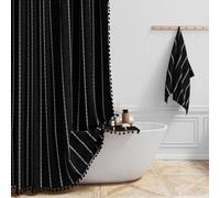 BTTN Rideau de douche de long, 182 x 200 cm, style bohème, Farmhouse, en tissu lourd, avec design rustique à rayures et pompons, style bohème, vintage, imperméable, avec 12 crochets, noir