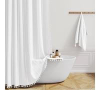 BTTN Rideau de douche de long, style bohème, Farmhouse, en tissu lourd, avec design rustique à rayures et pompons, style bohème, vintage, imperméable, avec 12 crochets, blanc