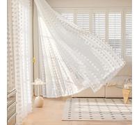BTTO Rideaux Voilage Blanc de Style Bohème, Lot de 2 Rideaux Transparent avec Passe Tringle Touffetés à Pompons Brodé Design pour Salon Chambre d'enfant, L132 x H213 cm