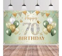 BTZO Bannière de Joyeux 70ème Anniversaire Vert Sauge Or, Backdrop pour Garçons Filles, Décorations 70 Ans Fête, 180×110cm