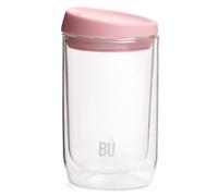 BU Products - Tasse à café en verre à double paroi avec finition antibactérienne rose pâle. Embouchure ergonomique en plastique et couvercle style barista. Capacité de 340 ml.