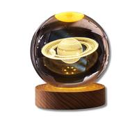 Buachois Veilleuse Saturn, Boule de Cristal 3D 8 cm Lumineuse Sculptée Intérieure Veilleuse, Base de 7 cm en Bois Prise Directe Interface USB Lumière de Lune de Table(Lumière Chaude)