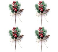 BUAGOUWZ Artificial Pine Branches with Red Berry Picks - 32 Sprigs Crafting | Realistic artificial pine branches with red berry accents, perfect for wreaths, garlands, and seasonal displays.