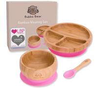 Bubba Bear ® Ensemble de sevrage pour bébé | Assiettes, bols et cuillères en bambou pour l'alimentation LED des tout-petits | Ensembles d'assiette, de bol et de cuillères pour bébés (Rose poudré)