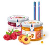 Bubble Tea Maison - Duo Perles Fruitées Pêche & Framboise - Made in France - Vegan - Sans Colorant - 2 Pailles Réutilisables Rainbow - 12 boissons