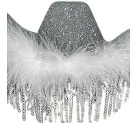 BUBEFSKD Femme Strass Pompons Cowboy avec Corde Réglable Grand Candida Bridal Western Fedoras pour les séances photo Fournitures de casques de mariée Fête de célibataire Cowgirl Célibataire Fête Disco