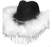 BUBEFSKD Femme Strass Pompons Cowboy avec Corde Réglable Grand Candida Bridal Western Fedoras pour les séances photo Fournitures de casques de mariée Fête de célibataire Cowgirl Célibataire Fête Disco