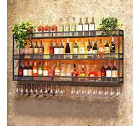 BUBEO Casier à vin mural avec support à verres à LED, présentoir pour bouteilles d'alcool, organisateur de rangement suspendu à tiges longues en métal pour gobelets pour mini bar à domicile, cave