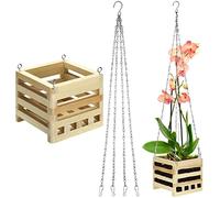 Bucherry Wooden Plant Hanger Wood Orchid Hanging Planters Square Basket for Indoor Or Outdoor Flower Planter Pot with 20 inch Hanger Chain (1 Set,6 inch)