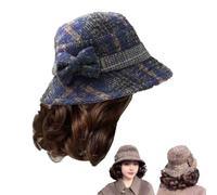 Bucket Hat With Warm Curly Hair Wig,Stylish Mother'S Wig hats,Autumn/Winter Thickened Woolen hat With Integrated Short Curly wig,Versatile hat For Middle-Aged And Elderly Women (Blue)