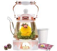 Buckingham Palace - Théière et thé fleuri (6 pièces) - Théière en verre qui va sur la cuisinière (1,2 l/4 à 5 tasses), couvercle en porcelaine, chauffe-thé, infuseur à thé en vrac, 2 fleurs de thé