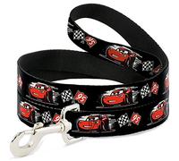 Buckle Down "Cars 3 Lightning McQueen Caricature/Drapeaux de Course Noir/Blanc/Rouge Pet Leash, 4 '-1.5 "