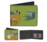 Buckle-Down Cartoon Network Portefeuille à deux volets avec porte-billets standard et emplacements pour cartes, scène de pique-nique Adventure Time Jake Finn et BMO Hot Dog, cuir végétalien, vert