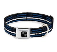 Buckle-Down Collier pour animal de compagnie, collier pour chien avec boucle de ceinture de sécurité, ligne blanche fine drapeau vieilli noir, bleu, blanc, 33 à 43 cm, 3,8 cm de large