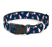 Buckle-Down Collier pour Animal de Compagnie, Collier pour Chien, Boucle en Plastique, Ancre de voilier, Barre dispersée, Bleu Marine, Blanc, Rouge, 40,6 à 58,4 cm, 3,8 cm de Large