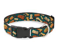 Buckle-Down Collier pour animal de compagnie, collier pour chien, boucle en plastique, os et friandises à biscuits dispersés bleu marron, 28 à 41,9 cm de large