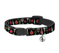 Buckle-Down Collier pour chat avec clochette - Ornements de boules de Noël - Noir/rouge/vert - 21,6 à 30,5 cm de large