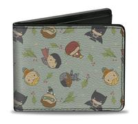 Buckle-Down DC Comics Portefeuille à deux volets, Justice League Chibi, vacances, Noël, super-héros pose, houx, cuir végétalien, 10,2 x 8,9 cm, décontracté