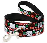 Buckle-Down Laisse pour animal domestique - Pingouin de Noël - Renne - Bonhomme de neige - Rayures - Rouge/blanc/noir - 1,8 m de long - 3,8 cm de large