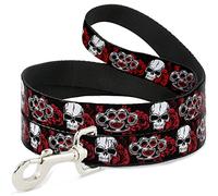 Buckle-Down Laisse pour chien en laiton, phalanges, crânes, roses, noir, rouge, blanc, 1,2 m de long, 2,5 cm de large